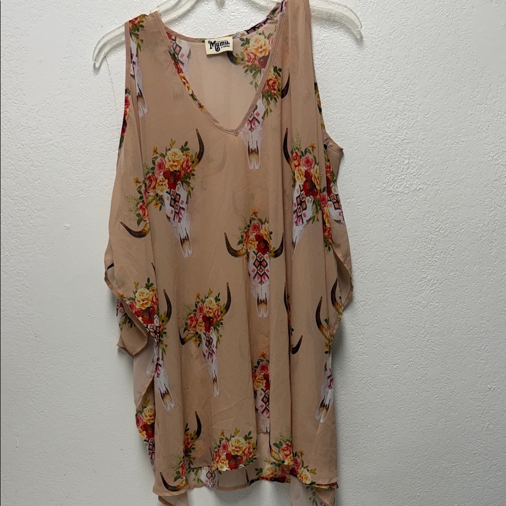 Show Me Your MuMu Beige Floral Bull Skull Cold-Shoulder Tunic